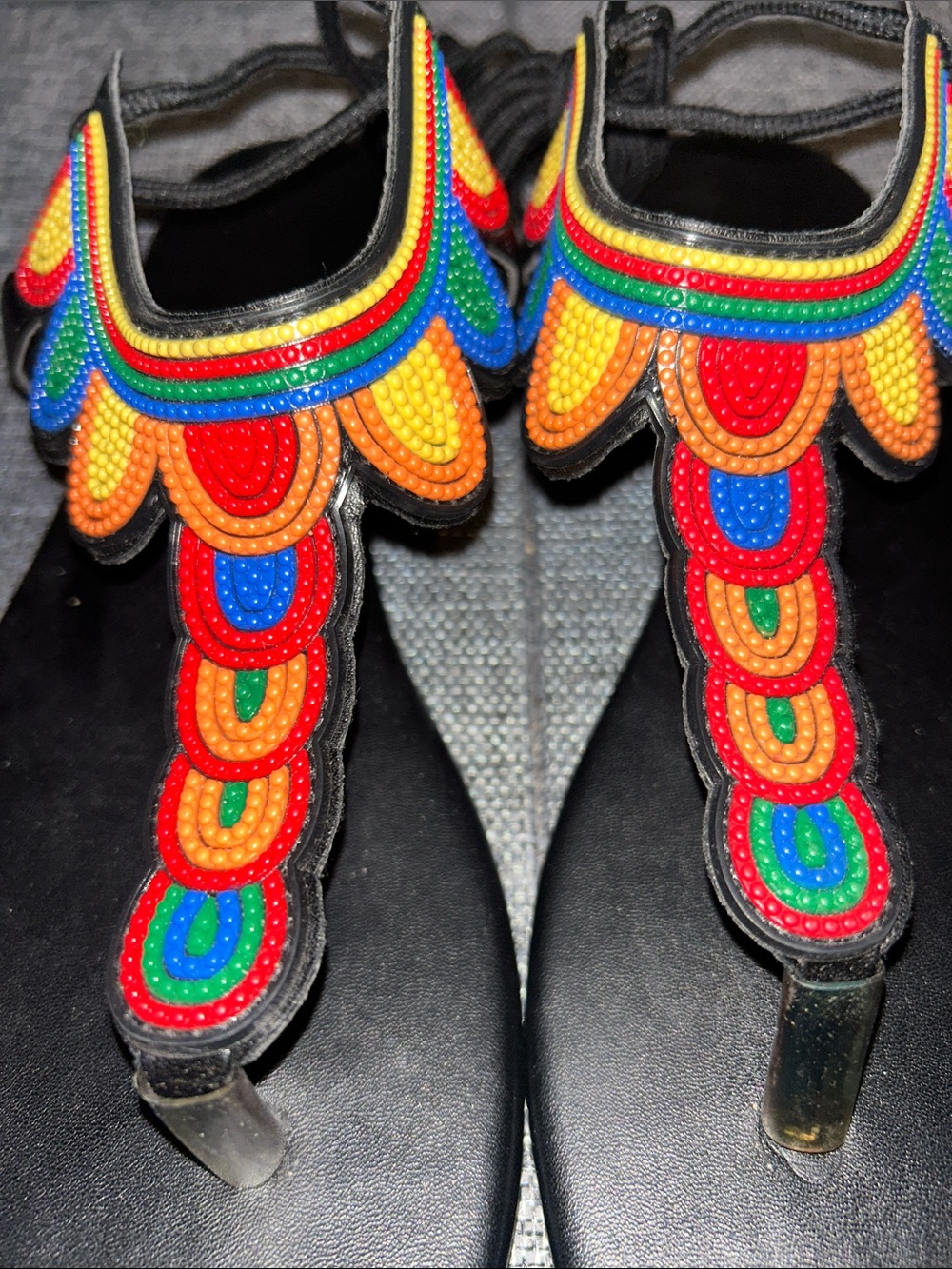 Black Beaded T-Strap Sandals with Rainbow Embroidery - Picture 6 of 7
